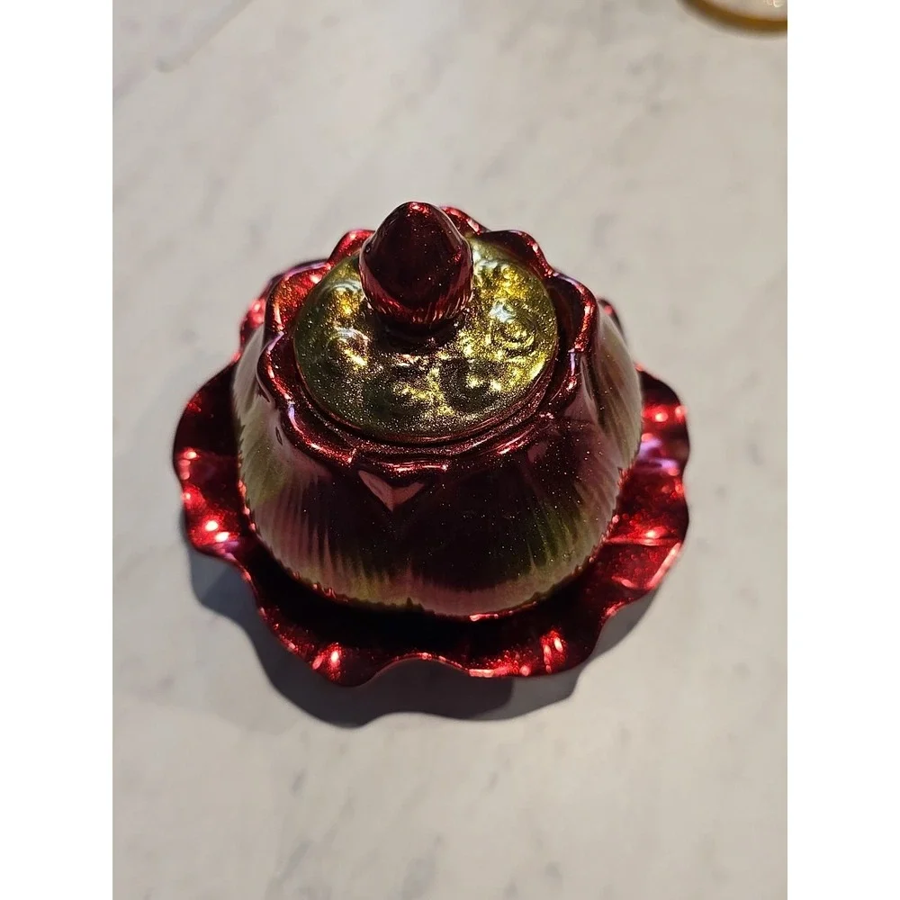 Resin Handmade Jar With Lid And Plate Holder Red Gold  Decoration Gift ‎ 625